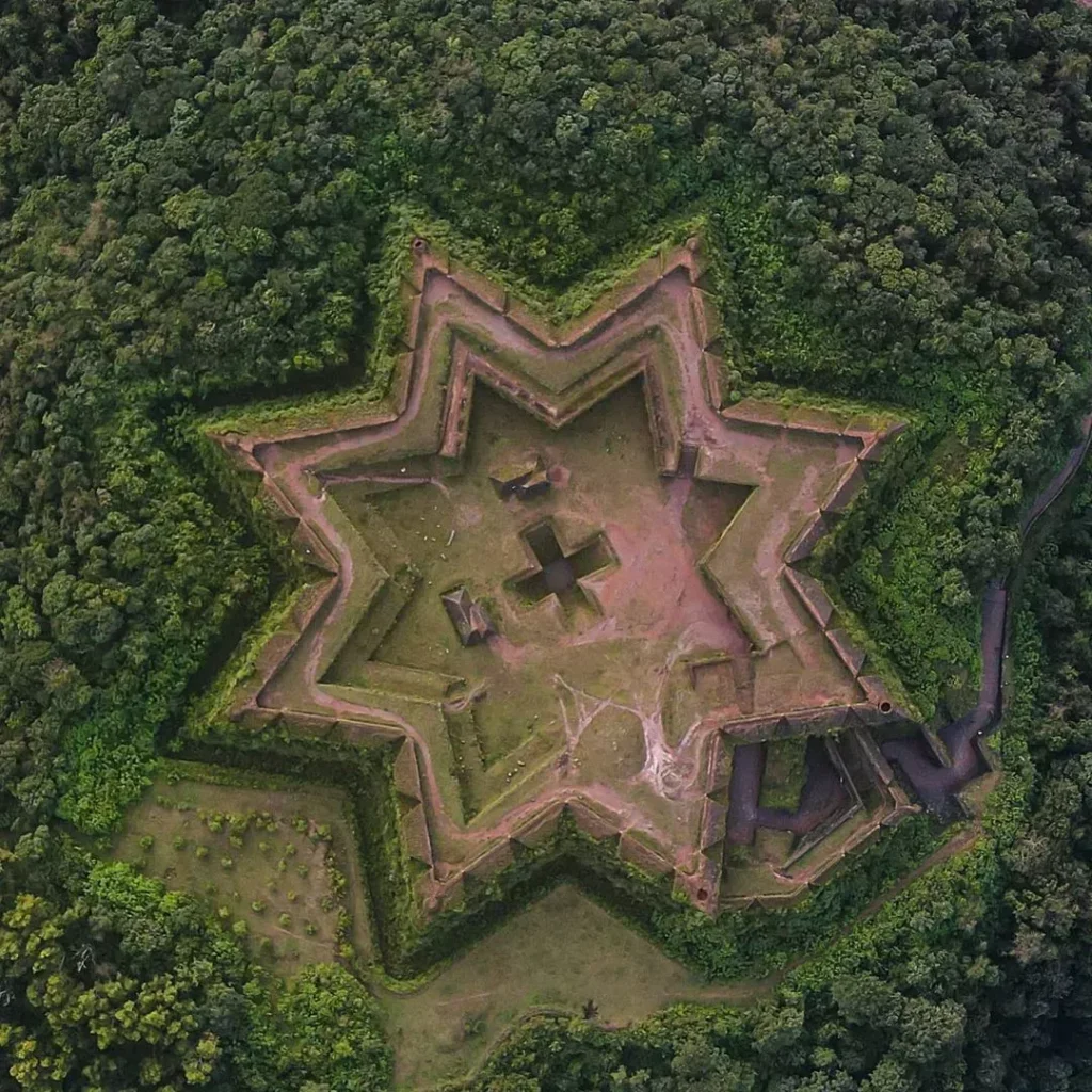 Aerial view of star-shaped Manjarabad Fort. Sakleshpur, Karnataka.