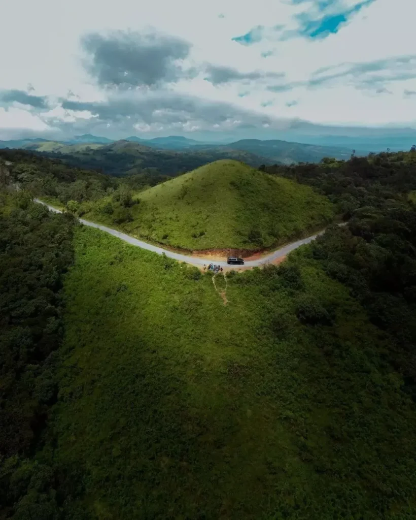 Aerial view of winding road in Devaramane Hills, Karnataka.