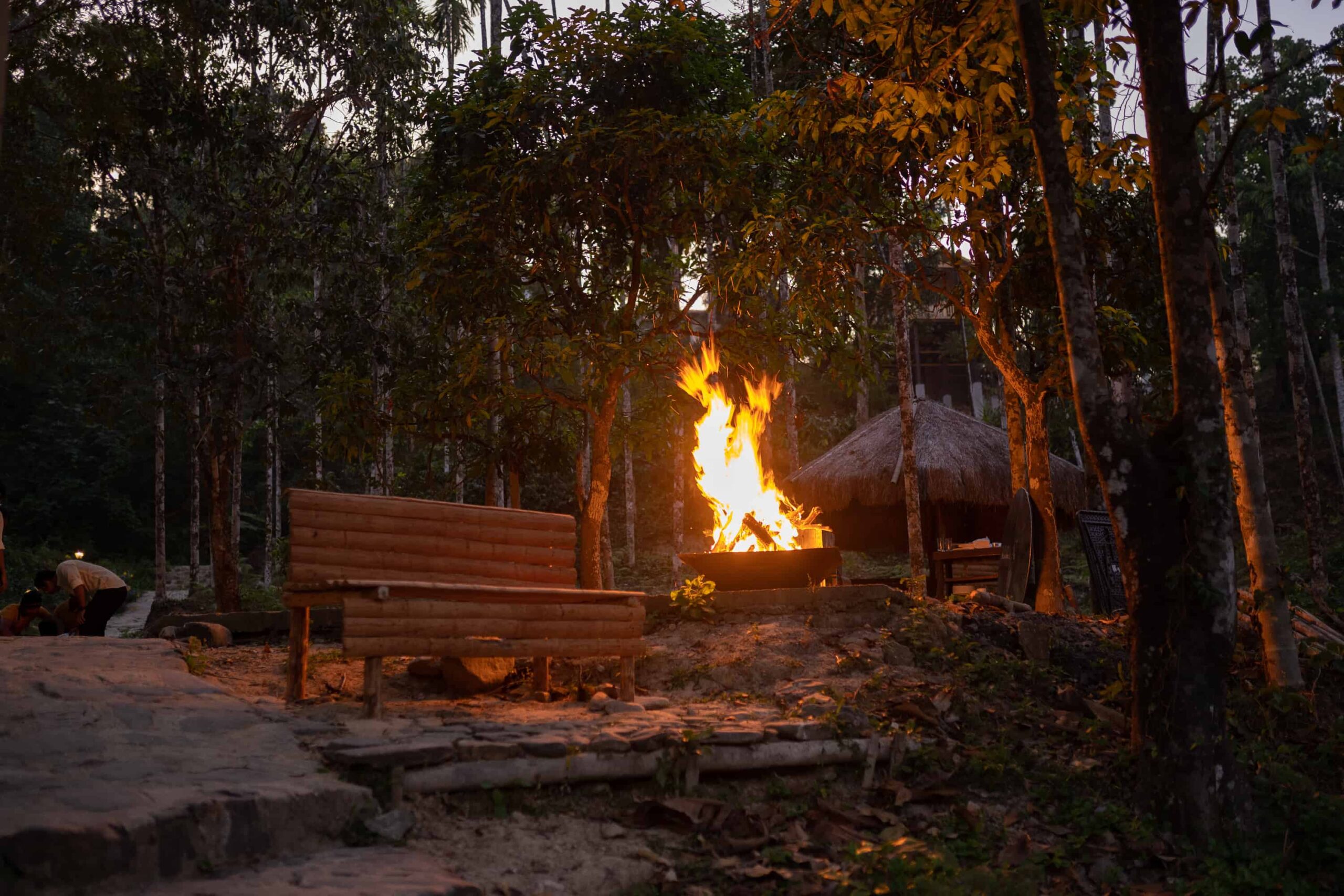 Bonfire in forest clearing at night. RiverMist Resorts event.