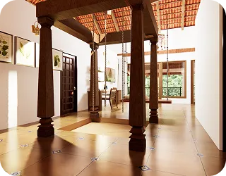 Open courtyard inspired by Malenadu Thotti Mane design at RiverMist villa