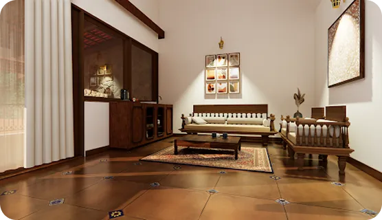 Luxury living room inside RiverMist private villa in Chikmagalur