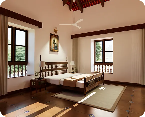 Luxury bedroom inside RiverMist Presidential Villa in Chikmagalur