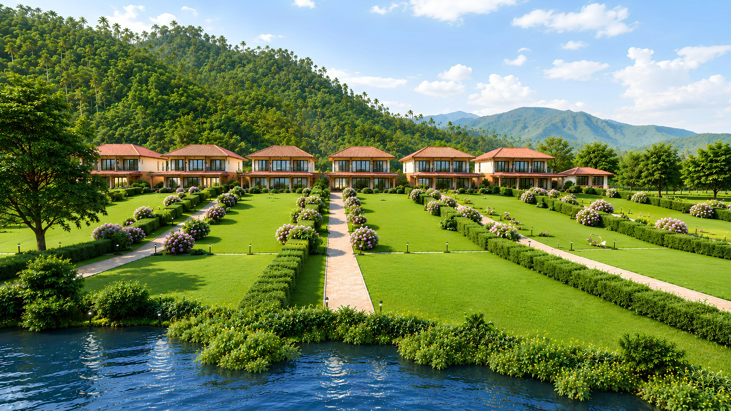 Private luxury villas in Chikmagalur with riverfront gardens and Western Ghats views