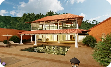 Luxury riverfront villa exterior with private pool at RiverMist Chikmagalur