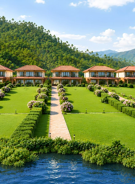Riverfront Presidential Villas in Chikmagalur surrounded by gardens and hills