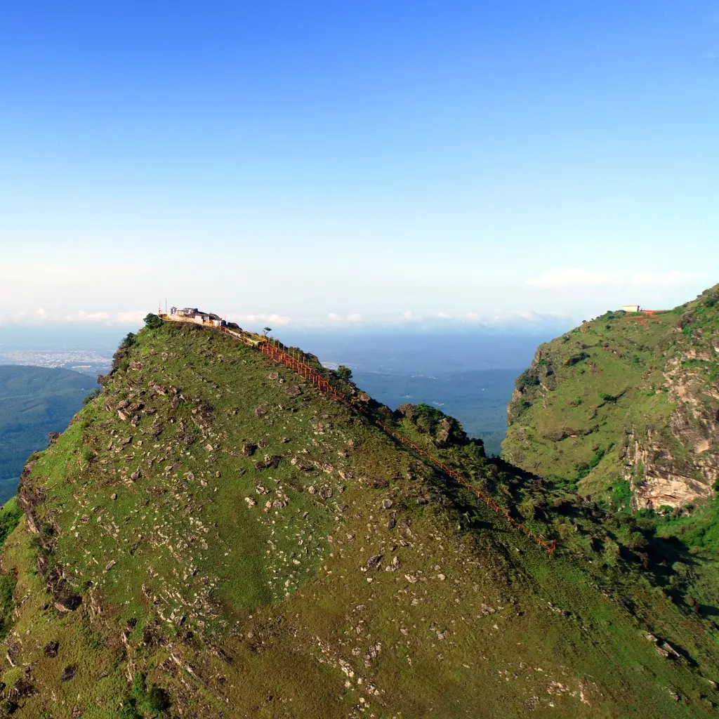 Aerial view of Mullayanagiri Peak and the surrounding Western Ghats near Chikmagalur