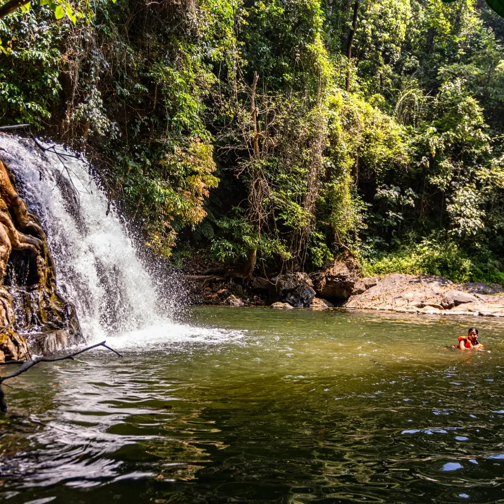 Guest swimming in the natural pool below RiverMist’s private waterfall