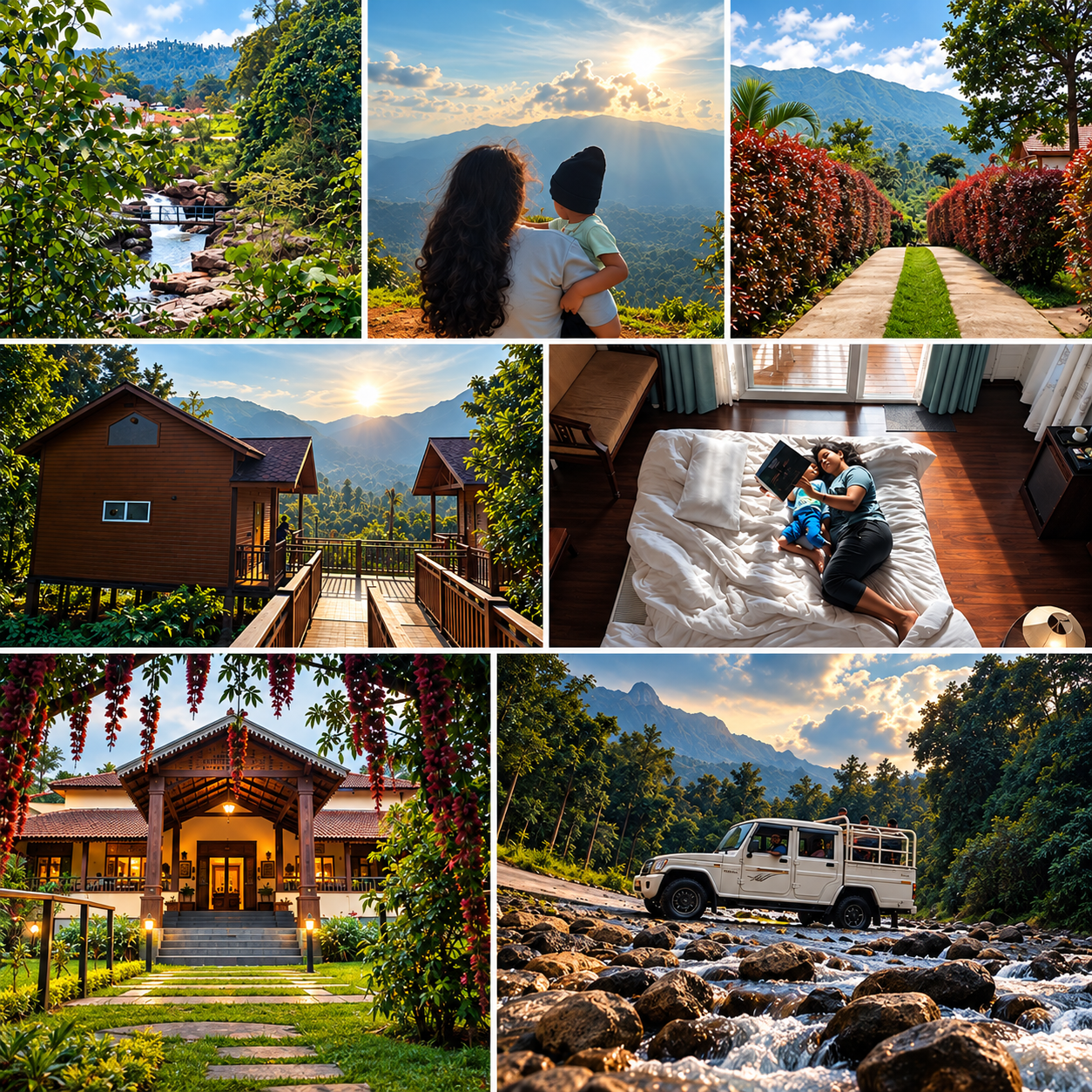 Collage of RiverMist cottages, mountain views, gardens, family moments and a jeep crossing a stream