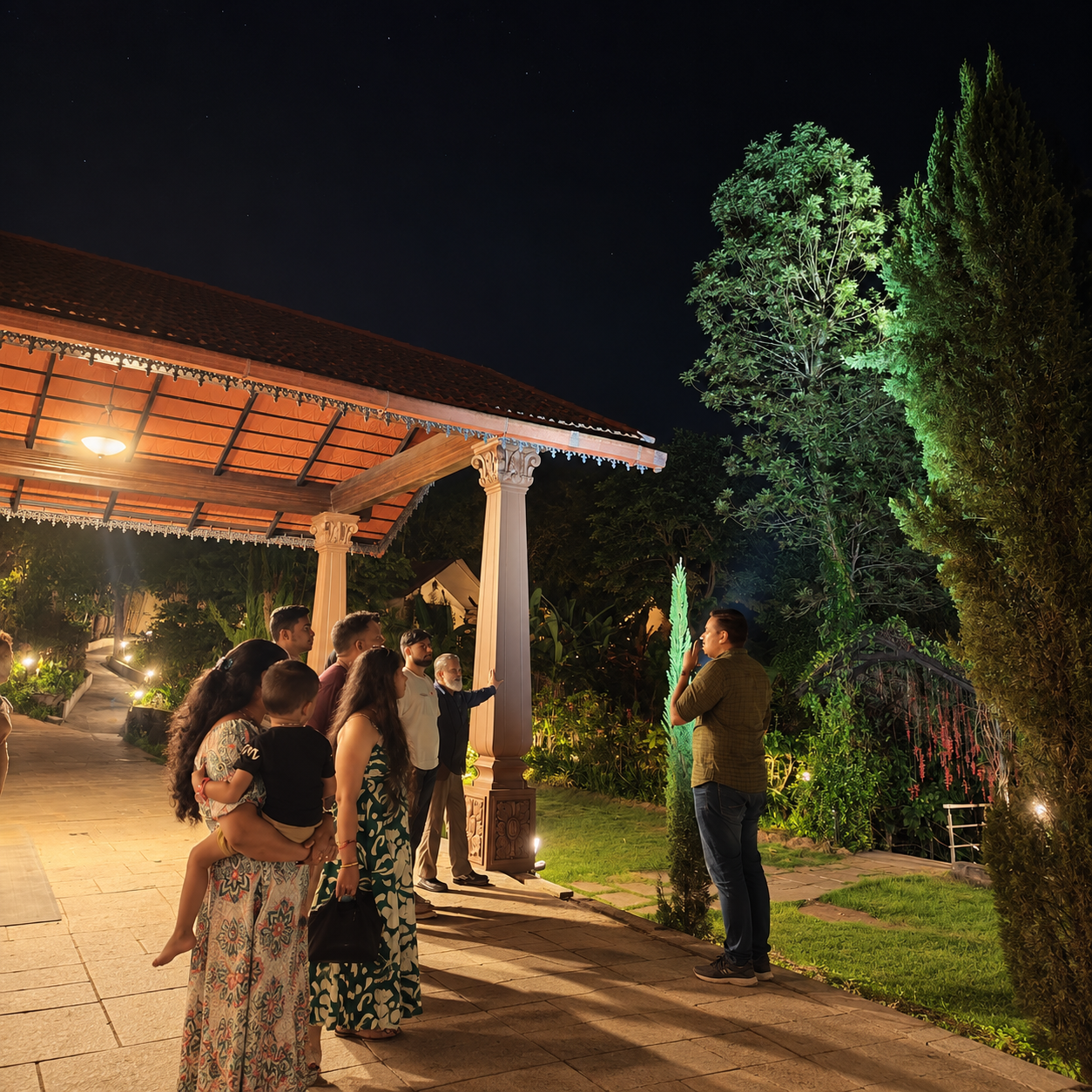 Guests gathered beside a warmly lit garden pavilion at RiverMist Resorts at night
