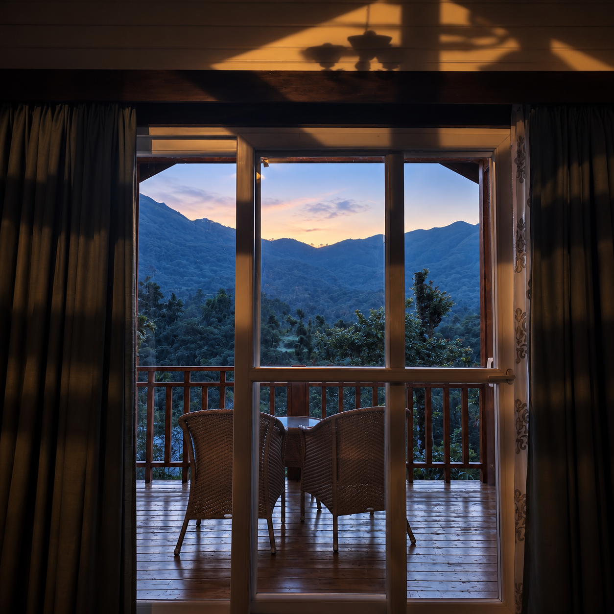Luxury Cottage balcony with wicker chairs overlooking forested mountains at RiverMist Resorts