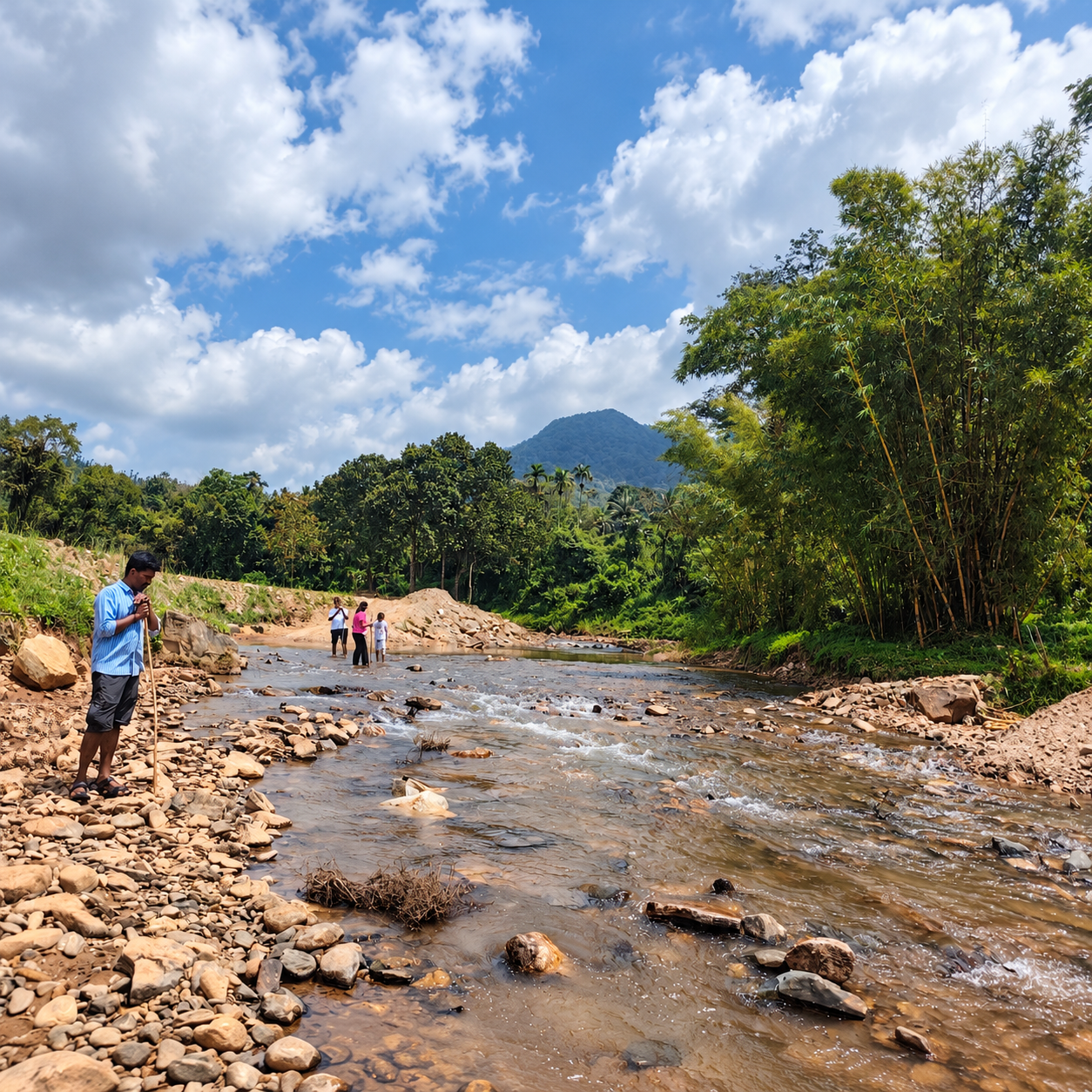 Shallow rocky stream forested hills at RiverMist