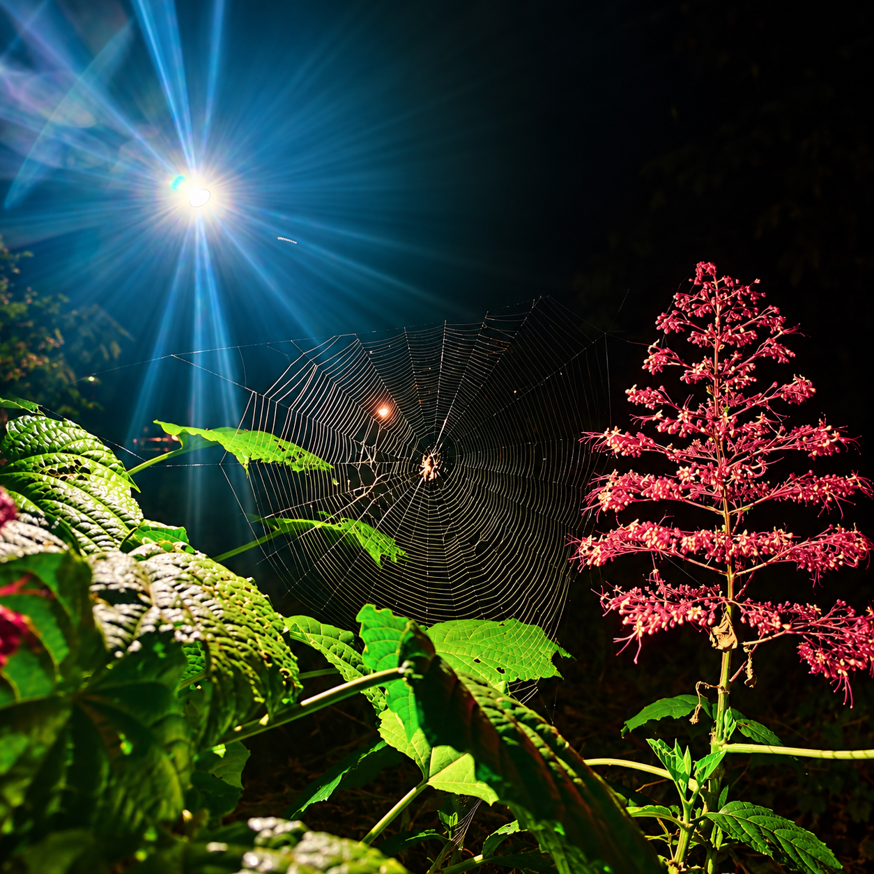 Spider web between green leaves and red flowers at night - Nature walk at RiverMist Resort