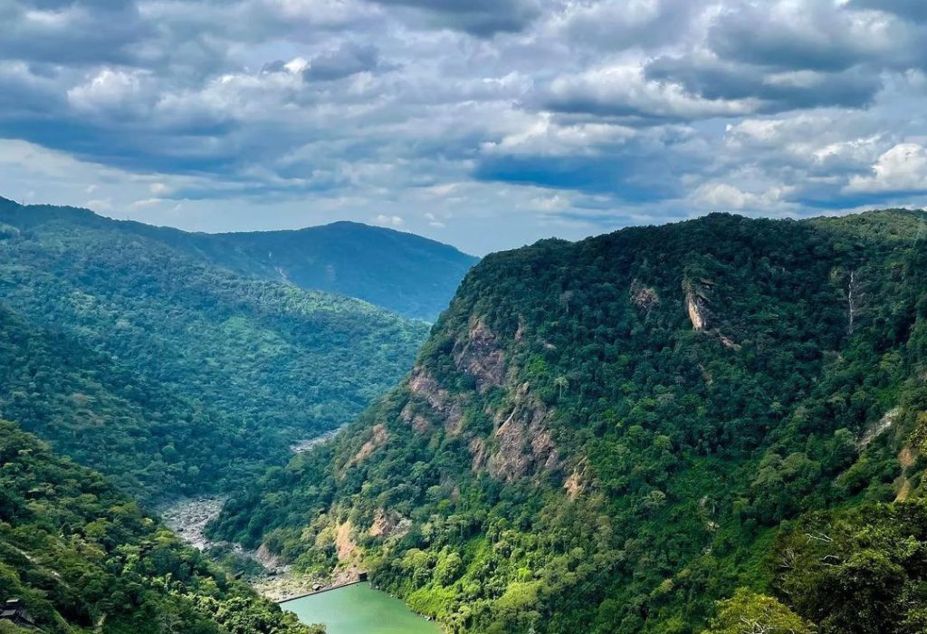 Majestic Western Ghats mountains and river valley. Charmadi Ghat.
