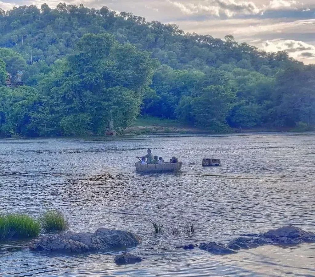 Coracle boat on river at Bheemeshwari. Karnataka nature travel.